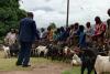 Local Pastor addresses a group of Christian who have received goats in Uganda.