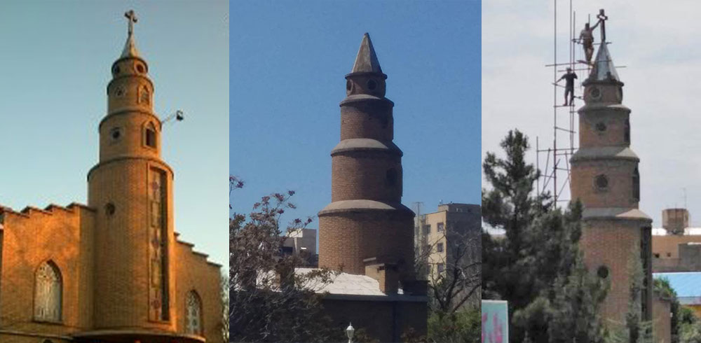 The Assyrian Evangelical Church in Tabriz with its cross, left; (viewed from the rear of the building), after the authorities tore it down on 9 May, centre, and with its cross restored on 9 July, right