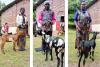 Three Christians in Uganda who are standing with goats provided by Barnabas Aid supporters.